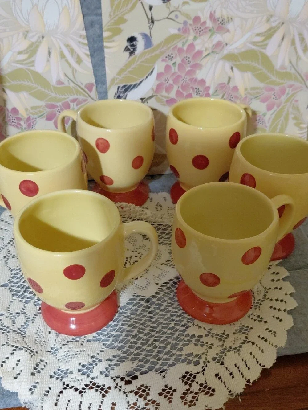 Set of 6 Yellow Ceramic Footed Mugs with Red Polka Dots